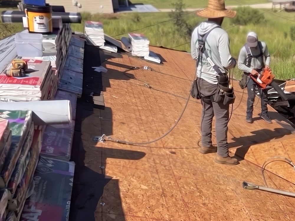 Two roofers in SFR hoodies and harnesses on freshly installed roof decking