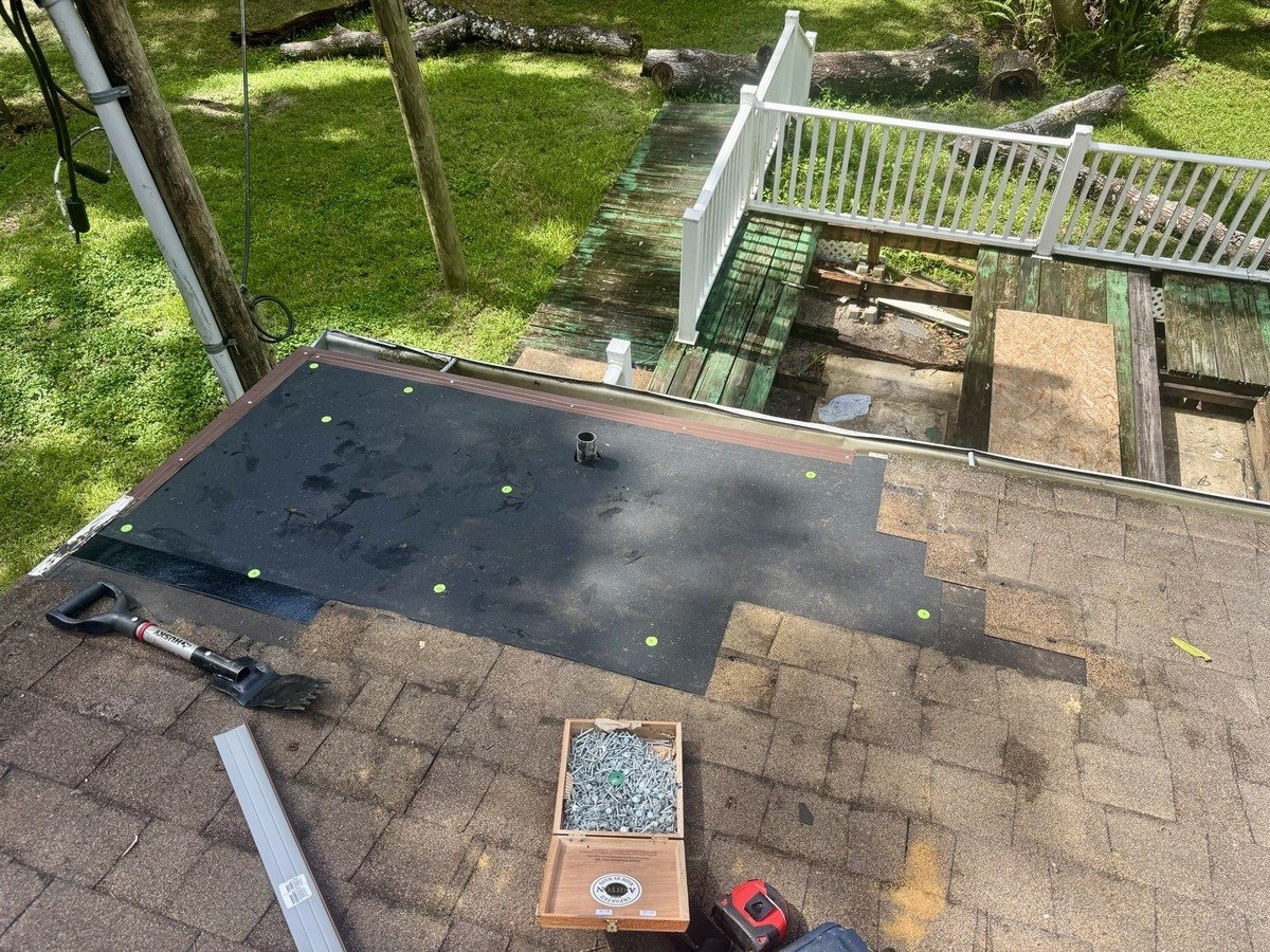 A roof repair opened to the deck, rotted wood replaced with new plywood and covered in new underlayment