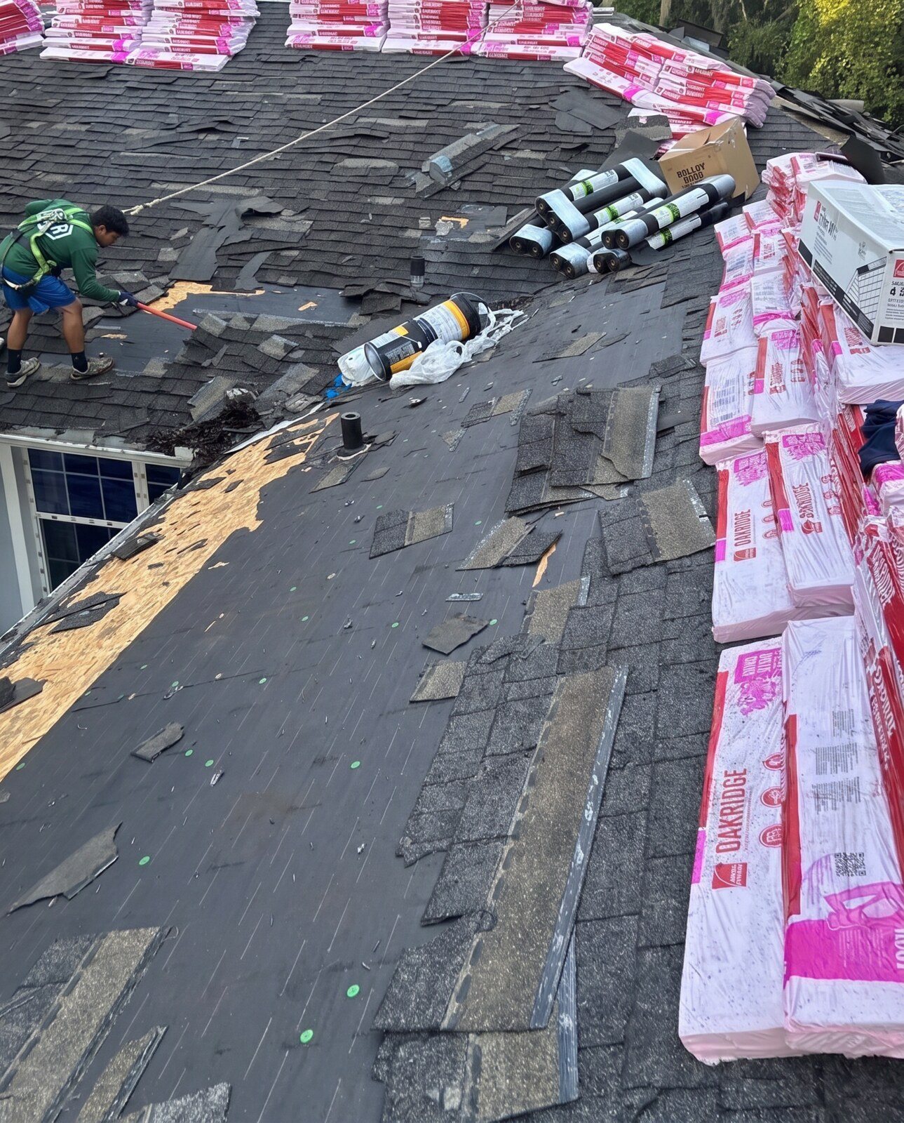 Crew tearing off beside the loaded Oakridge bundles on a shingle roof in Hernando