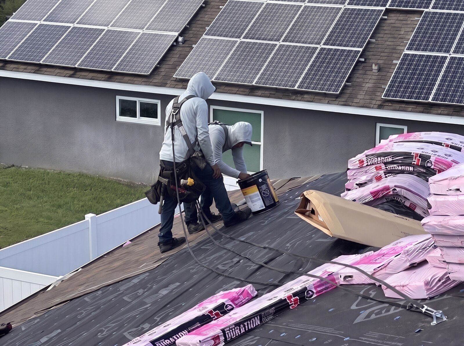 Two crew in their gray SFR hoodies working on the new underlayment beside the Duration bundles on a shingle roof in Hudson